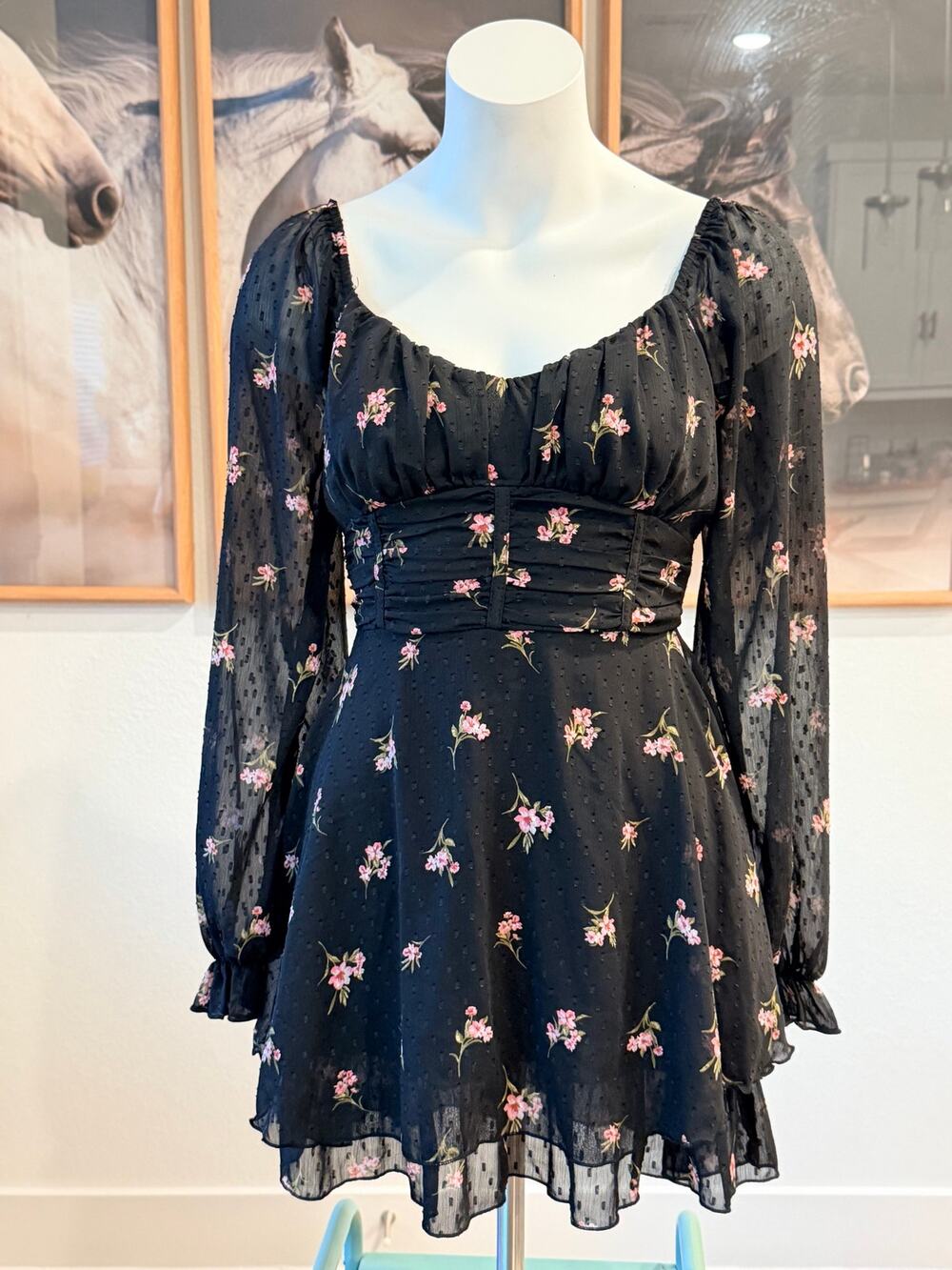 Thirty/Thirty black floral mini dress with pink flowers, size S  J0079